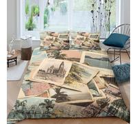 All Season 3D Print Microfiber vintage postcards Comforter Cover All Season Bedding Set w/ Pillow Shams travel nostalgia style Duvet Cover Set Breathable Washable for Teens Adults Single（135x200cm）