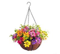 All Season Rattan Hanging Basket Featuring Lifelike Artificial Flowers for a Beautiful Garden Display (E)