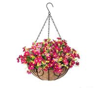 All Season Rattan Hanging Basket Featuring Lifelike Artificial Flowers for a Beautiful Garden Display (A)