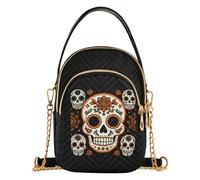 All Season Small Handbag With Top Handle | Polyester Quilted Fabric Mini Handbag Daily Errands & Dating Day Of Dead Orange Skulls