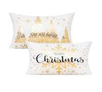 All Smiles 12X20 Lumbar Christmas Throw Pillow Covers Cases Set of 2 White Gold Xmas Decorations Winter Navidad Indoor Home Holiday Décor Ornaments Velvet Cushion for Sofa Tree Snowflake Reindeer