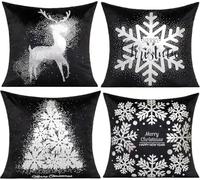 All Smiles Black Silver Christmas Throw Pillow Covers Decorations Cases 18X18 Set of 4 Winter Snowflakes Xmas Indoor Home Décor Velvet Navidad Cushion for Bed Sofa Couch Tree Reindeer