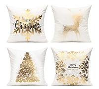 All Smiles Christmas Decorations Outdoor Cushion Covers White Gold Décor Xmas Decorative Pillows 18X18 Set of 4 for Sofa Home Bed,Christmas Snowflakes Tree Deer