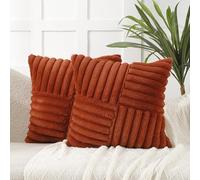 All Smiles Couch Decorative Throw Pillow Covers 18x18 Set of 2 Faux Fur Plush Soft Fluffy Velvet Cushion Case Cozy Fuzzy Striped Pillowcase Home Decor for Bed Sofa Living Room,Rust