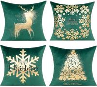 All Smiles Dark Green Gold Christmas Decorations Throw Pillow Covers Cases 18X18 Set of 4 Winter Xmas Indoor Home Décor Ornaments Velvet Navidad Cushion for Sofa Christmas Tree Snowflake Reindeer