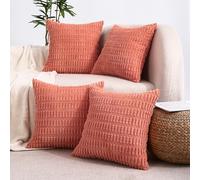 All Smiles Decorative Coral Throw Pillow Covers 26x26 Set of 4 Farmhouse Rustic Boho Home Decor Soft Plush Striped Corduroy Square Cushion Case for Living Room Couch Bed Sofa …