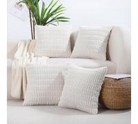 All Smiles Decorative Cream Throw Pillow Covers 20x20 Set of 4 Farmhouse Rustic Boho Home Decor Soft Plush Striped Corduroy Square Cushion Case for Living Room Couch Bed Sofa