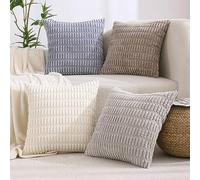 All Smiles Decorative Cushion Covers Neutral Farmhouse Rustic Boho Home Decor 18x18 Set of 4 Soft Plush Striped Corduroy Square Cushion Case for Living Room Couch Bed Sof