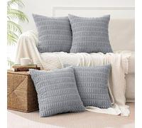 All Smiles Decorative Gray Throw Pillow Covers 16x16 Set of 4 Farmhouse Gray Boho Home Decor Soft Plush Striped Corduroy Square Cushion Case for Living Room Couch Bed Sofa