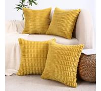 All Smiles Decorative Mustard Yellow Throw Pillow Covers 18x18 Set of 4 Farmhouse Rustic Boho Home Decor Soft Plush Striped Corduroy Square Cushion Case for Living Room Couch Bed Sofa