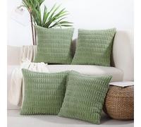 All Smiles Decorative Sage Green Throw Pillow Covers 16x16 Set of 4 Farmhouse Rustic Boho Home Decor Soft Plush Striped Corduroy Square Cushion Case for Living Room Couch Bed Sofa