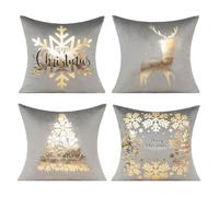All Smiles Gray Gold Christmas Decorations Throw Pillow Covers Cases 18X18 Set of 4 Winter Xmas Indoor Home Holiday Décor Ornaments Velvet Navidad Cushion for Sofa Tree Snowflake Reindeer