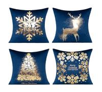 All Smiles Navy Bule Gold Christmas Decorations Throw Pillow Covers Cases 18X18 Set of 4 Winter Xmas Indoor Home Holiday Décor Ornaments Velvet Navidad Cushion for Sofa Tree Snowflake Reindeer