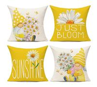 All Smiles Outdoor Yellow Throw Pillow Covers 16x16 Set of 4 Spring Summer Decorative Cushion Cases Home Décor Decorations for Patio Couch Chair Sofa,Daisy Floral Gnomes