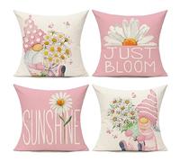 All Smiles Pink Throw Pillow Covers 16x16 Set of 4 Outdoor Spring Summer Decorative Cushion Cases Home Décor Decorations for Patio Couch Chair Sofa,Daisy Floral Gnomes