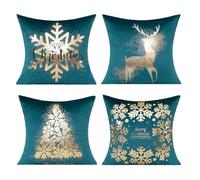 All Smiles Teal Gold Christmas Decorations Throw Pillow Covers Cases 18X18 Set of 4 Turquoise Xmas Indoor Home Décor Ornaments Velvet Navidad Cushion for Sofa Couch Tree Snowflake Reindeer