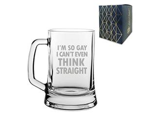 All Things Personalised Engraved Glass Tankard, LGBT Design, I'm So Gay I Can’t Think Straight Engraving, Gift Boxed, Holds up to16oz or 455ml, Gift for Him, Laser Engraved in The UK