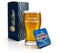 All Things Personalised Engraved Pint Glass and Coaster Gift Set with Pixel Happy Birthday, Gamer Birthday Present, Gift for Him, Gift Boxed, MDF Drinks Coaster