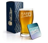 All Things Personalised Engraved Pint Glass and Coaster Gift Set with Stylish Happy Birthday, Beer Glass Birthday Present, Gift for Him, Gift Boxed, MDF Drinks Coaster