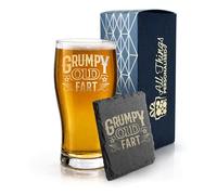 All Things Personalised Engraved Pint Glass and Slate Coaster Gift Set with Grumpy Old Fart, Funny Present for Him, Fathers Day, Grandad Gift, Gift Boxed, Drinks Coaster, Beer Gift