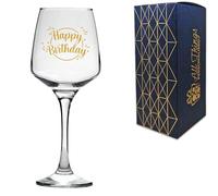 All Things Personalised Novelty Happy Birthday Gold Printed Tallo Red White Rose Prosecco Wine Glass 400ml/14oz, Gift Box Included, Present for Women Mum Wife Sister Her, Printed in the UK