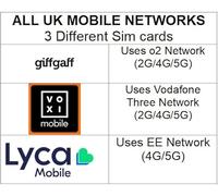 All UK Mobile Networks Pack - Giffgaff, Voxi & Lycamobile - 2G/4G/5G SIM Cards powered by O2, Vodafone Three and EE Networks