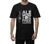 All United for Free Palestine Print T-Shirt - Men - 4XL - Black - Humanitarian Message Printed Custom Upper - Personalised Graphic Tee with Peaceful Quotation for Men and Women
