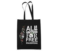 All United For Free Palestine Print Tote Bag - Black - Humanitarian Message Printed Custom Bag - Personalised Tote Bag with Peaceful Quotation for Unisex
