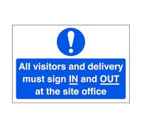All visitors and delivery must sign in and out at the office - safety sign - 3mm Aluminum Dibond for indoor/outdoor usage (400mm x 300mm) 14m Viewing Distance.