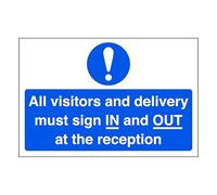 All visitors and delivery must sign in and out at the reception - safety sign - 1.2mm Rigid plastic for indoor/outdoor usage (600mm x 400mm) Viewing Distance within 20m.