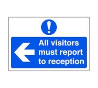 All visitors must report to reception "arrow left" - road sign - High tack self-adhesive sticker (150mm x 100mm) Viewing Distance within 3m.