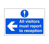 All visitors must report to reception "arrow left" - road sign - High tack self-adhesive sticker (300mm x 200mm) Viewing Distance within 7m.