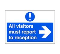 All visitors must report to reception "arrow right" - road sign - 1.2mm Rigid plastic for indoor/outdoor usage (400mm x 300mm) Viewing Distance within 14m.