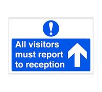 All visitors must report to reception arrow up - road sign - High tack self-adhesive sticker (300mm x 200mm) Viewing Distance within 7m.