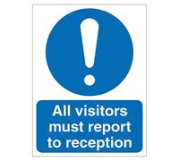 All visitors must report to reception mandatory safety sign - Size 150mm x 200mm - Self adhesive vinyl sticker - Denotes specific actions that must be adhered to (1)