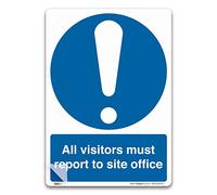 All visitors must report to site office Sign, A4 297x210mm, LAMINATED Self-adhesive Vinyl Sticker, PPE Mandatory Health and Safety Signs