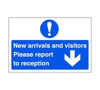 All visitors please report to reception on arrival "arrow down" - safety sign - 1.2mm Rigid plastic for indoor/outdoor usage (400mm x 300mm) Viewing Distance within 14m.