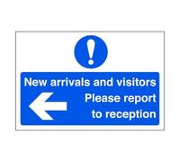All visitors please report to reception on arrival "arrow left" - safety sign- 3mm Aluminium Dibond for indoor/outdoor usage (300mm x 200mm) 7m Viewing Distance.