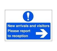All visitors please report to reception on arrival "arrow right" - safety sign- 3mm Aluminium Dibond for indoor/outdoor usage (600mm x 400mm) 20m Viewing Distance.