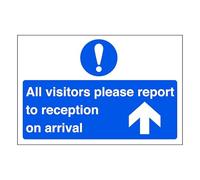 All visitors please report to reception on arrival "arrow up" - safety sign - High tack self-adhesive sticker (400mm x 300mm) Viewing Distance within 14m.