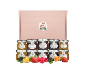 All Year Cheer Mini Jam Gift Set - 10 x 28g Tiptree Preserve Selection | Strawberry, Raspberry, Blackcurrant, Apricot & Orange Marmalade | Luxury Breakfast Taster Box | Foodie Gift for All Occasions