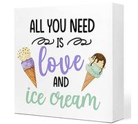 All You Need is Love and Ice Cream Inspirational Wooden Plaque Sign Desk Decor,Rustic Summer Ice Cream Wood Block Sign Desk Decorations for Home Living Room Office Garden Shelf Table Decor
