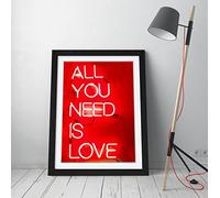 All You Need Is Love - Neon Red Framed Wall Art Picture Print - A4 - Black Frame