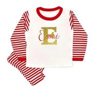 allaboutthebump Gold Initial Red Name Personalised Pyjamas (Matching Sibling - Child Family Set) (UK, Age 2-3 Years, Red Stripe)