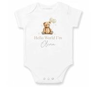 allaboutthebump Hello World Beige Teddy Bear Personalised Unisex Boys Girls Baby Clothing Bodysuit Sleepsuit for New Baby Arrival Coming Home Outfit (Baby Vest: White, 3-6 Months)