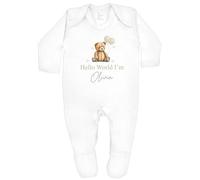 allaboutthebump Hello World Beige Teddy Bear Personalised Unisex Boys Girls Baby Clothing Bodysuit Sleepsuit for New Baby Arrival Coming Home Outfit (Babygrow: White, Newborn)