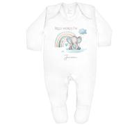 allaboutthebump Hello World Blue Elephant Rainbow Personalised Baby Vest or Babygrow for New Baby Arrival Coming Home Outfit (Babygrow: White, Tiny Baby)
