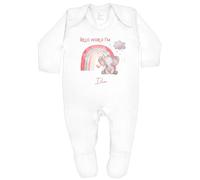 allaboutthebump Hello World Pink Girl Elephant Rainbow Personalised Unisex Girls Baby Clothing Bodysuit Sleepsuit for New Baby Arrival Coming Home Outfit (Babygrow: White, Tiny Baby)