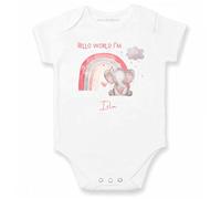 allaboutthebump Hello World Pink Girl Elephant Rainbow Personalised Unisex Girls Baby Clothing Bodysuit Sleepsuit for New Baby Arrival Coming Home Outfit(Baby Vest: White, 0-3 Months)