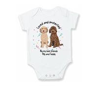 allaboutthebump Loved and Protected by Dogs Personalised Baby Clothing (Baby Vest Bodysuit | Babygrow Sleepsuit | Summer Romper - White | Pink | Blue | Biege) (Babygrow: Baby Pink, 3-6 Months)